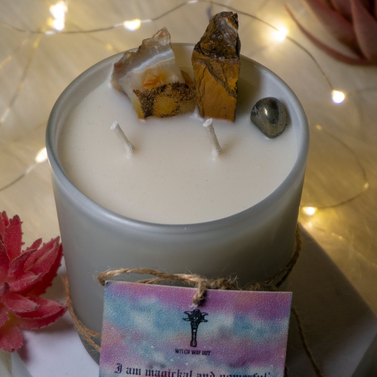 Intention Candles with Carnelian, Tigers eye , Pyrite - Sun Energy , Success , Fame , Forward Movement with scents of pine
