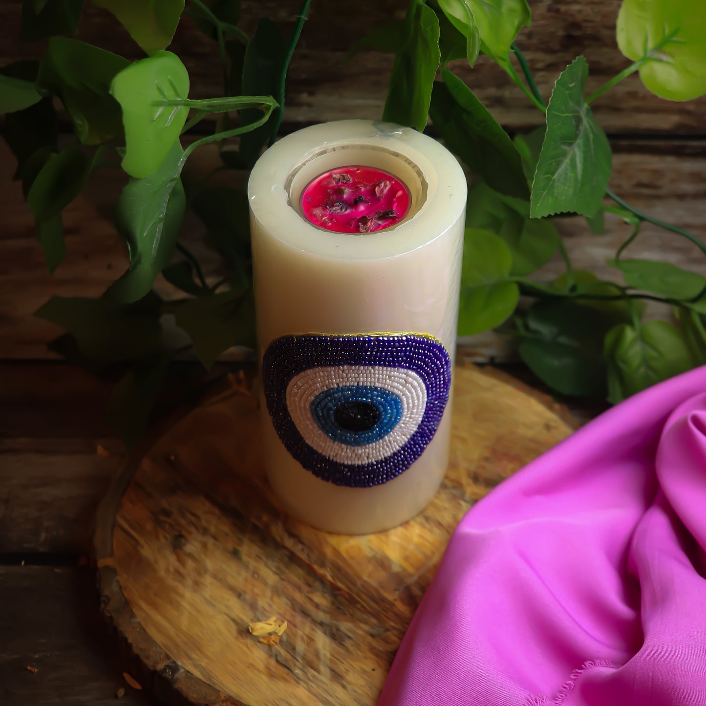 Real Beautifully Hand Beaded Evil Eye Pillar Candle With Tea Light Holder