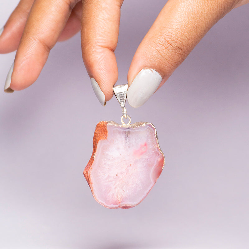Pink Agate Crystal Slice Pendant