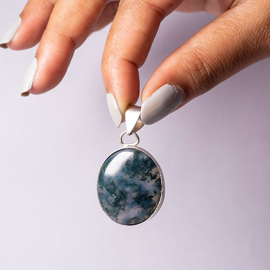 Moss Agate Crystal Round Pendant