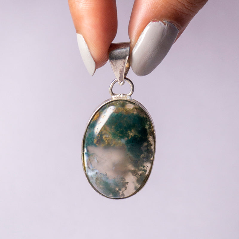 Moss Agate Crystal Oval Pendant