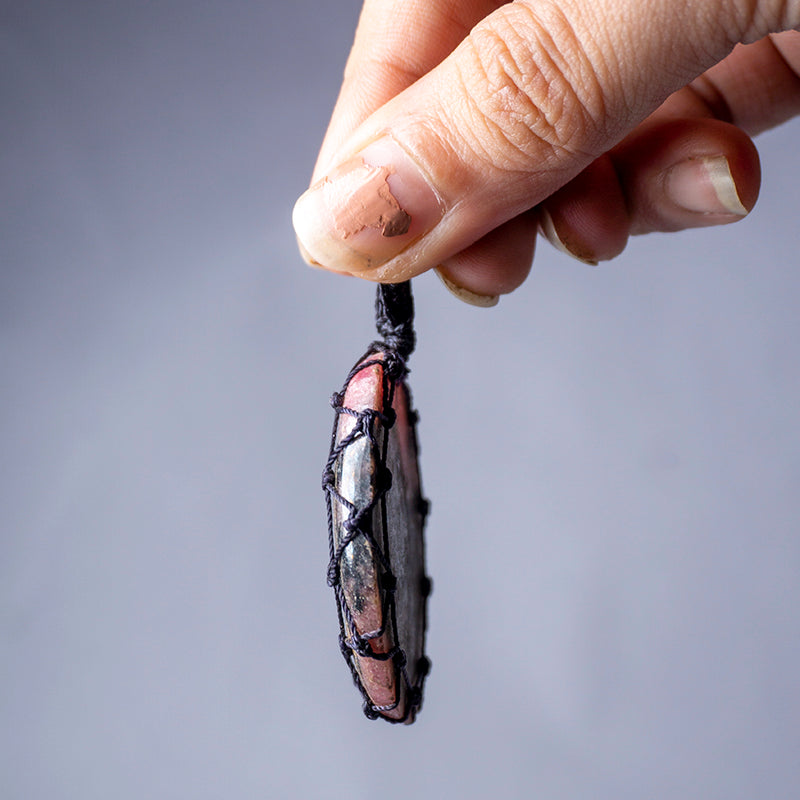 Rhodonite Crystal Crochet Pendant