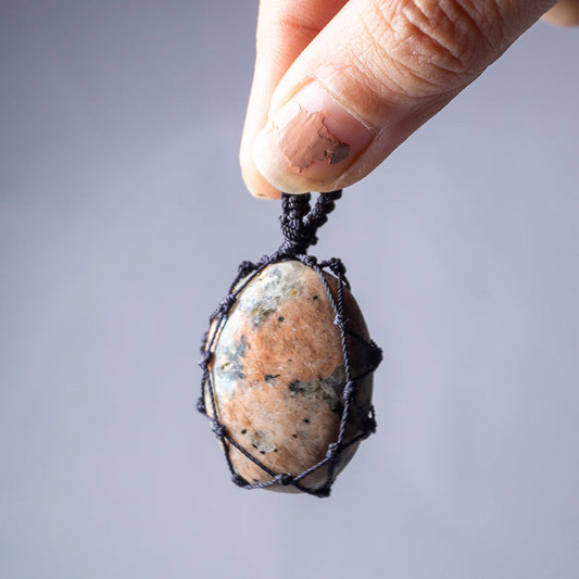 Rhodonite Crystal Crochet Pendant