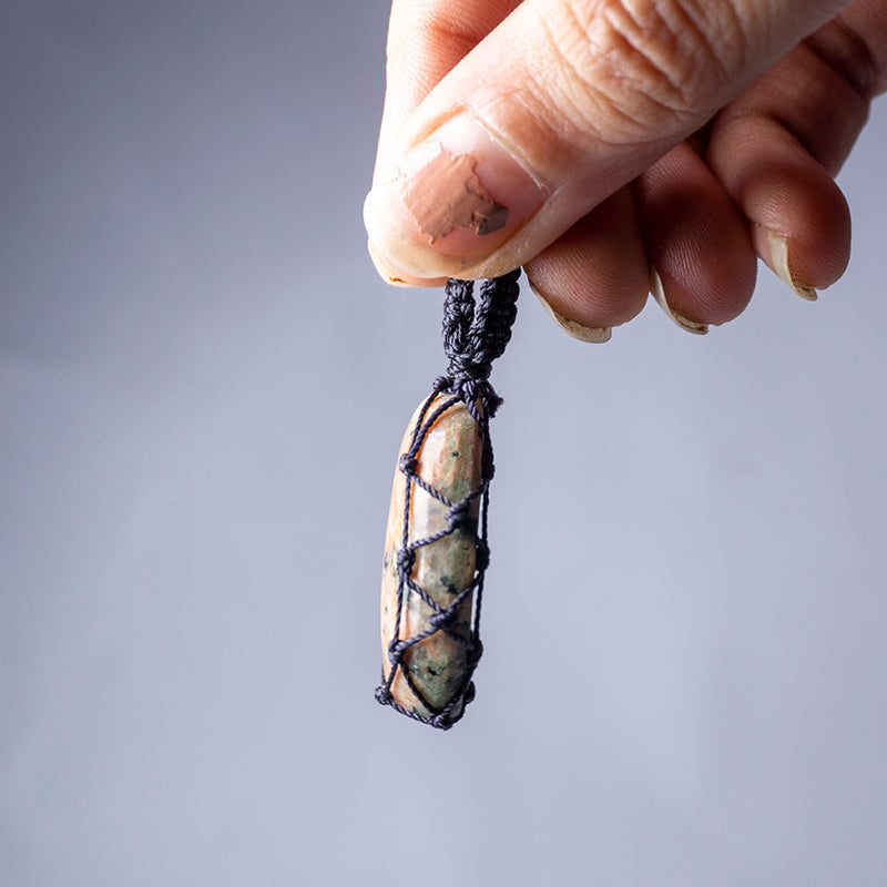 Rhodonite Crystal Crochet Pendant