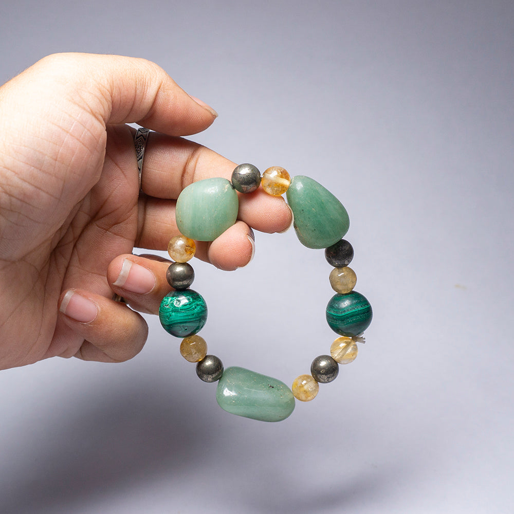 Financial Abundance With Successful Movement , Material Wealth And Growth , Success In All Projects And Ventures , New Beginnings Intention Bracelet (Pyrite Crystal,Green Aventurine,Citrine Crystal,MalachiteCrystal)
