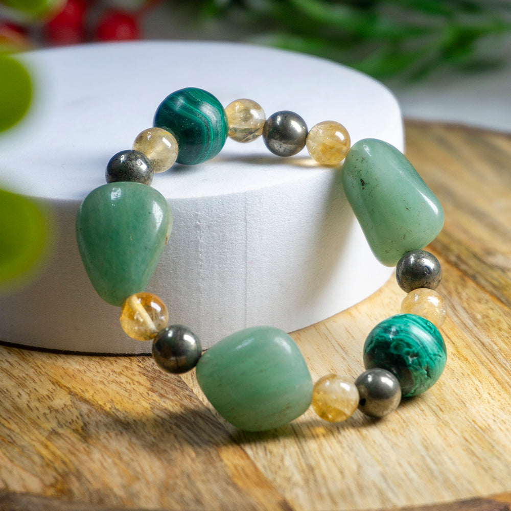 Financial Abundance With Successful Movement , Material Wealth And Growth , Success In All Projects And Ventures , New Beginnings Intention Bracelet (Pyrite Crystal,Green Aventurine,Citrine Crystal,MalachiteCrystal)
