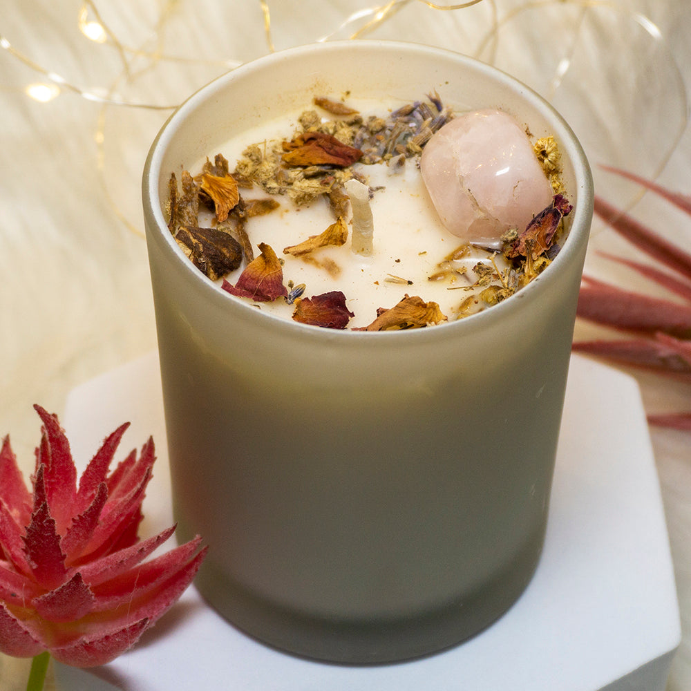 Love Spell With Strawberry Quartz Intention Candle/Altar Candle/Ritual Candle