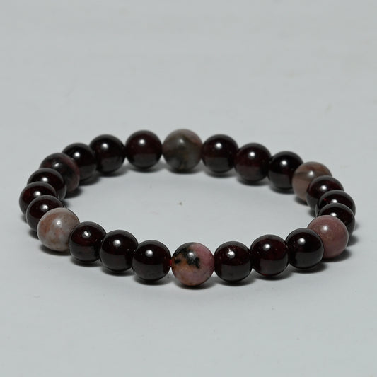 Real Rhodonite and garnet Crystal and Stone Combination Bracelet Jewellery 8mm - Successful forward movement , spiritual awareness and development, calm and peace, harmony within interrelationships