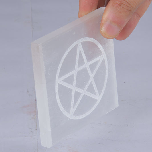 Real Square Pentacle Sign Selenite Slab