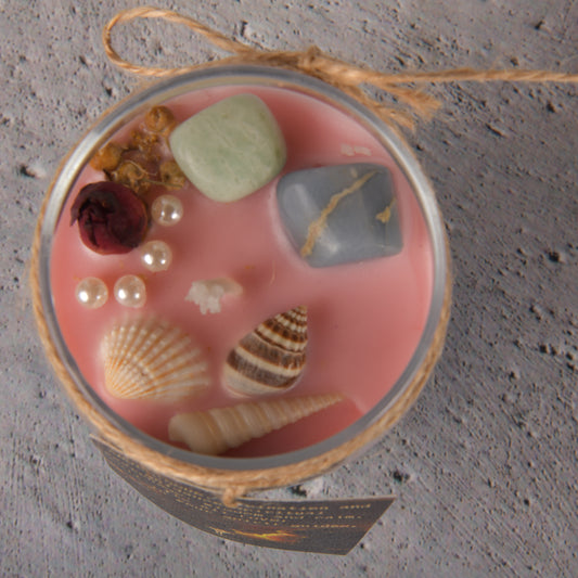 Real ANGEL GUIDANCE AND SELF LOVE INTENTION CANDLE! Celebrating the goodness of amazonite and angelite, chamomile and rose petals! - Blue ocean scented crystal and herb healing and divine guidance intention candle