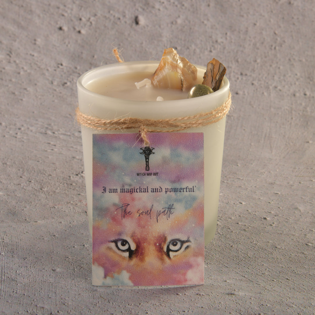 Real Intention Candles with Carnelian, Tigers eye , Pyrite - Sun Energy , Success , Fame , Forward Movement with scents of pine