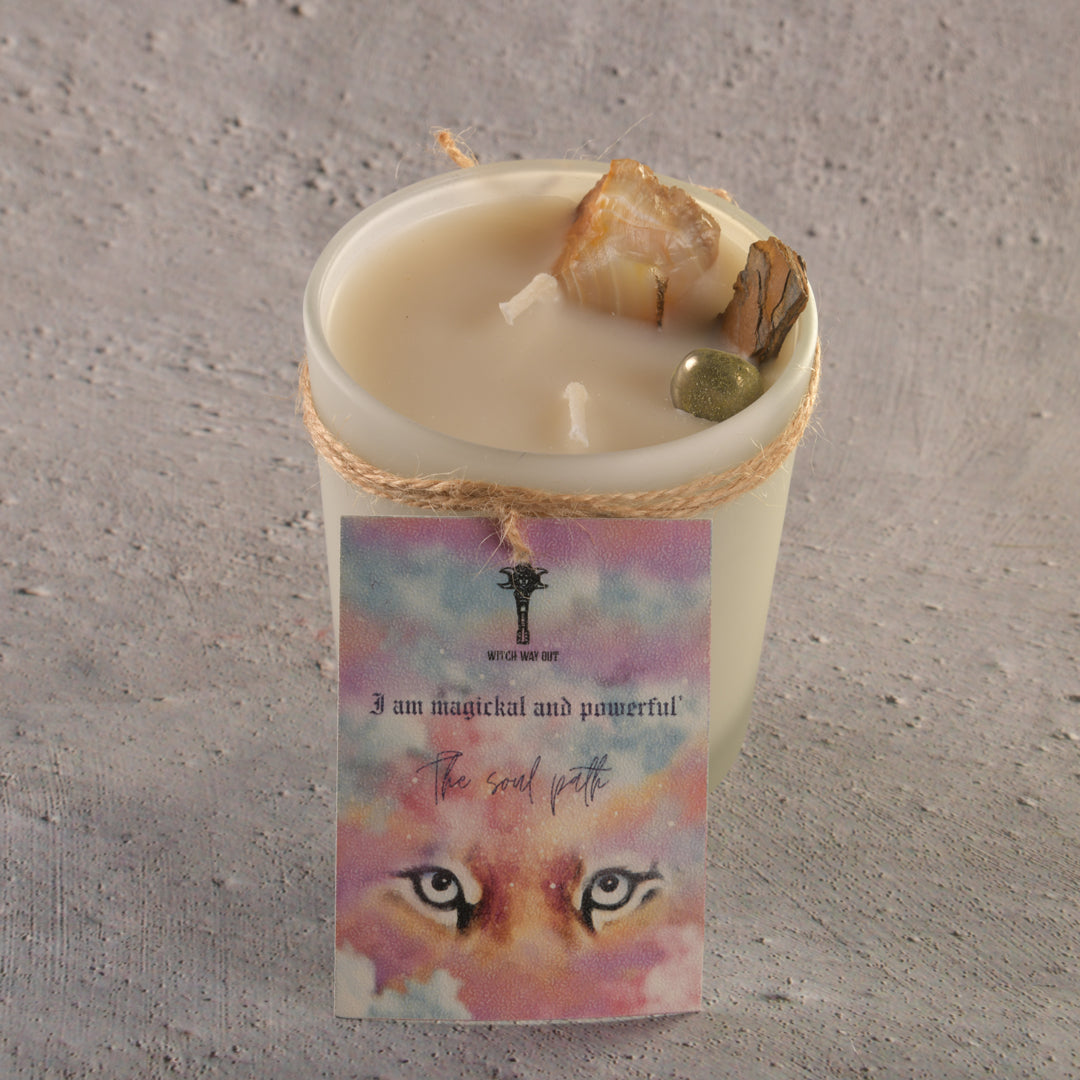 Real Intention Candles with Carnelian, Tigers eye , Pyrite - Sun Energy , Success , Fame , Forward Movement with scents of pine