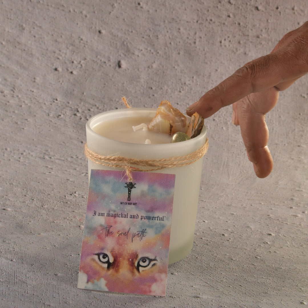 Real Intention Candles with Carnelian, Tigers eye , Pyrite - Sun Energy , Success , Fame , Forward Movement with scents of pine