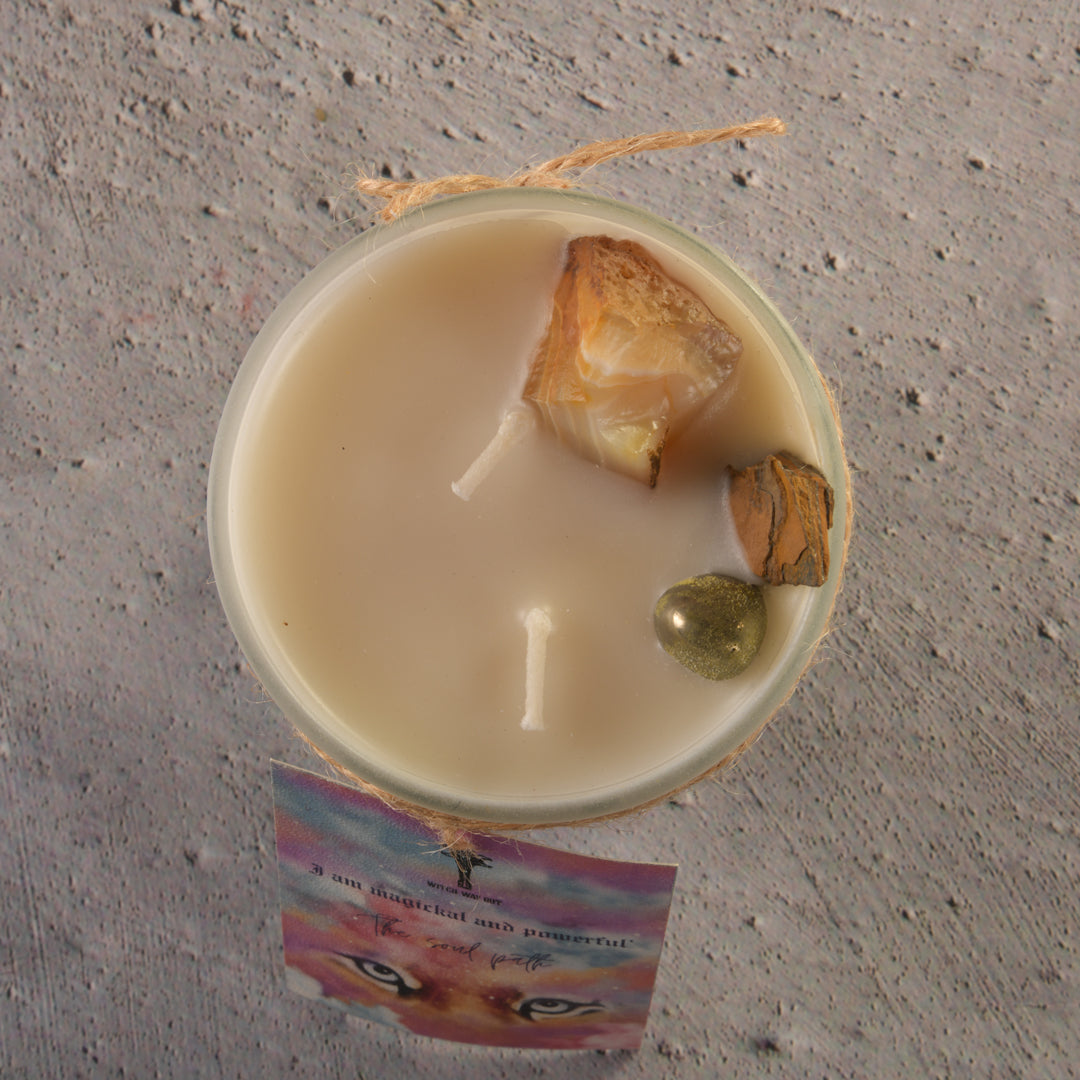 Real Intention Candles with Carnelian, Tigers eye , Pyrite - Sun Energy , Success , Fame , Forward Movement with scents of pine