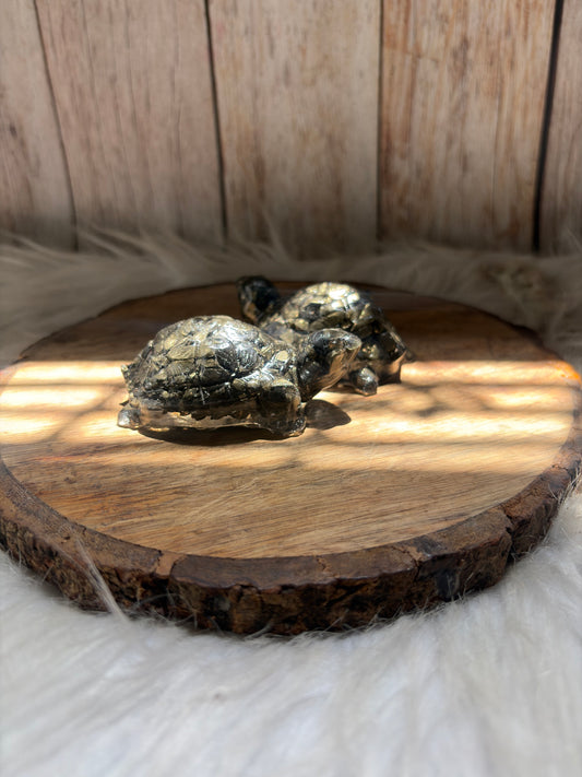 Handcrafted pyrite tortoise figurine for home office and desk decor