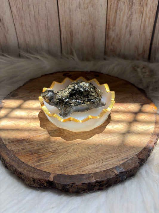 Handcrafted pyrite tortoise figurine with bowl for home and office decor