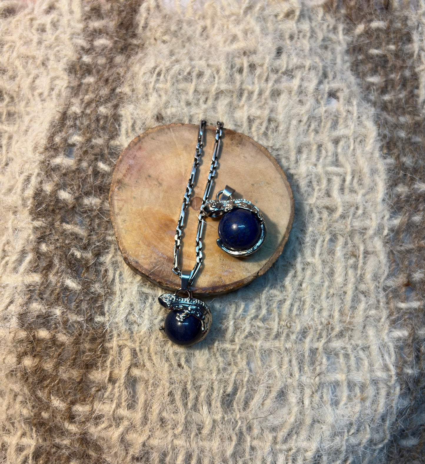 Lapis Lazuli crystal lizard necklace symbolizing wisdom, adaptability, and self-expression