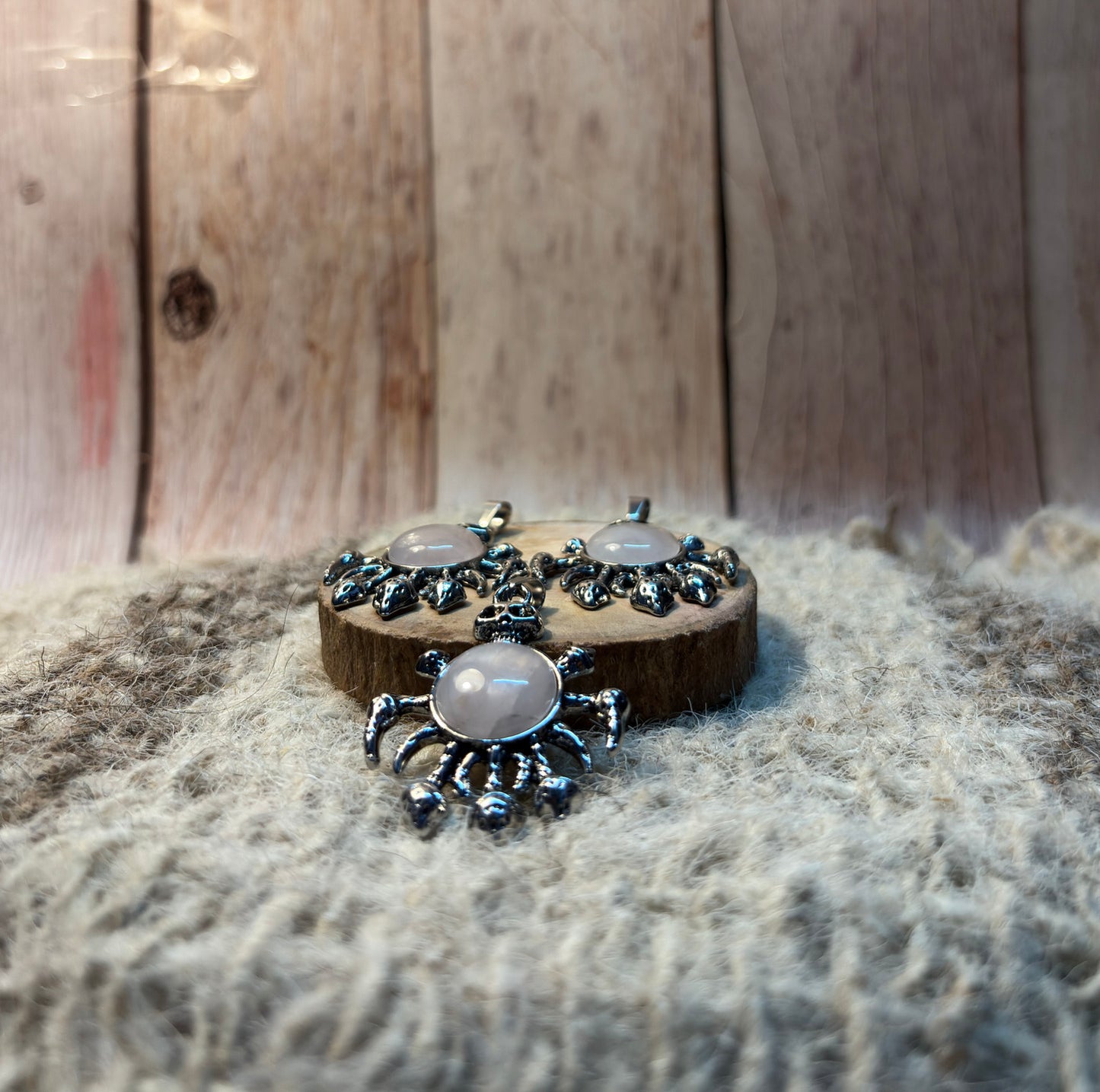 Rose Quartz crystal skull necklace symbolizing love, healing, and transformation