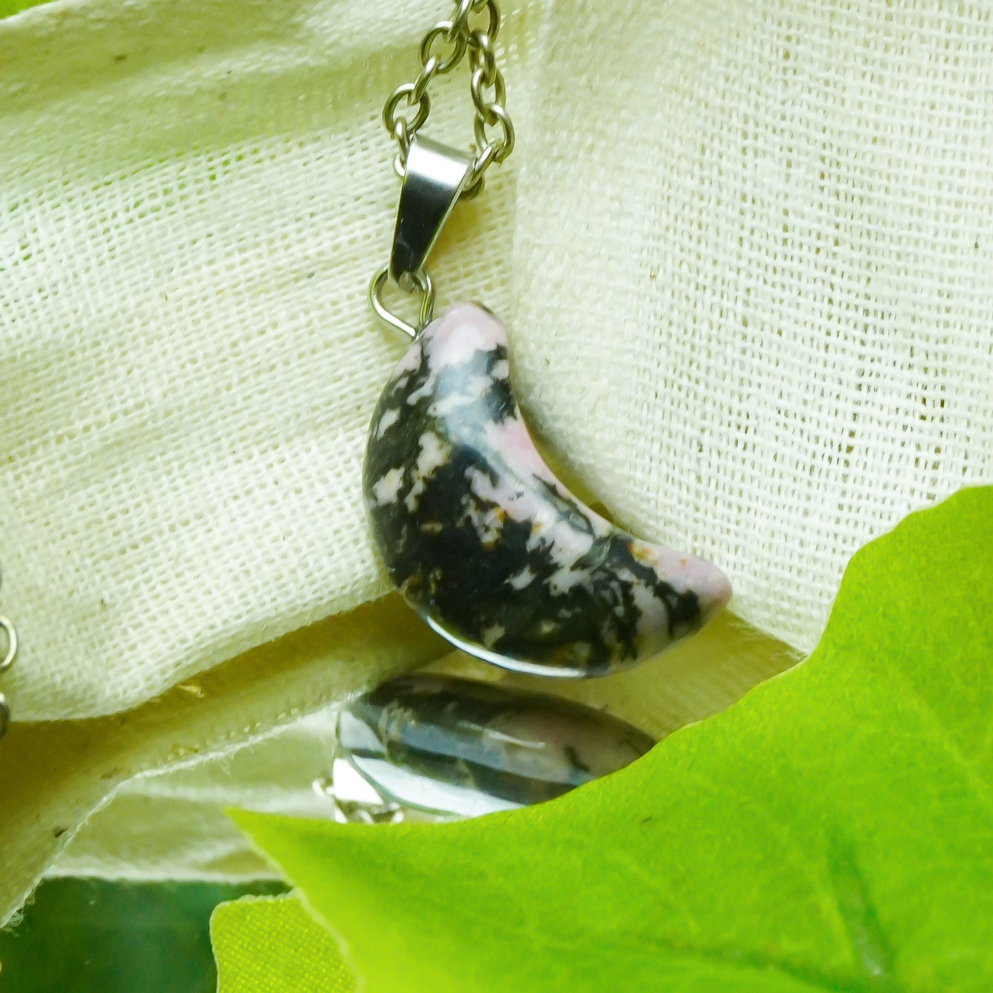 Real Rhodonite Crystal Half Moon Pendant