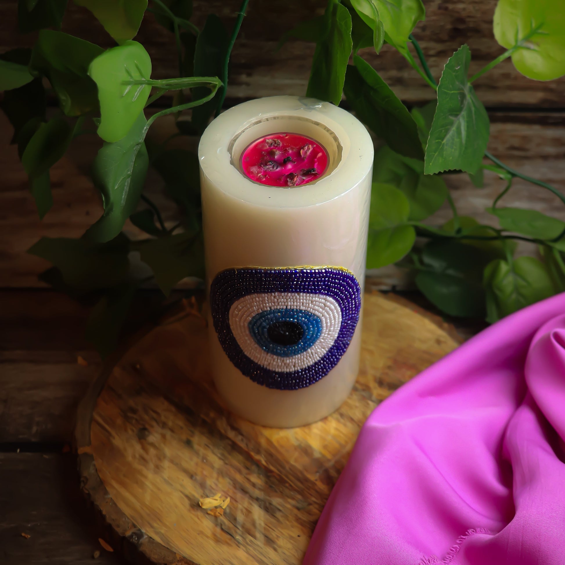 Real Beautifully Hand Beaded Evil Eye Pillar Candle With Tea Light Holder