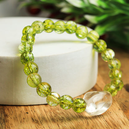 Master Healer , Dispels Negativity , Dispels Fear , Aids In Healing From Past Trauma , High Vibration , Heart Chakra Healer Intention Bracelet (Peridot Crystal,Clear Quartz Crystal)