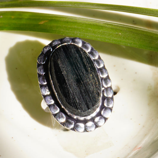 Real Black Tourmaline Crystal Ring