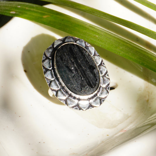 Real Black Tourmaline Crystal Ring