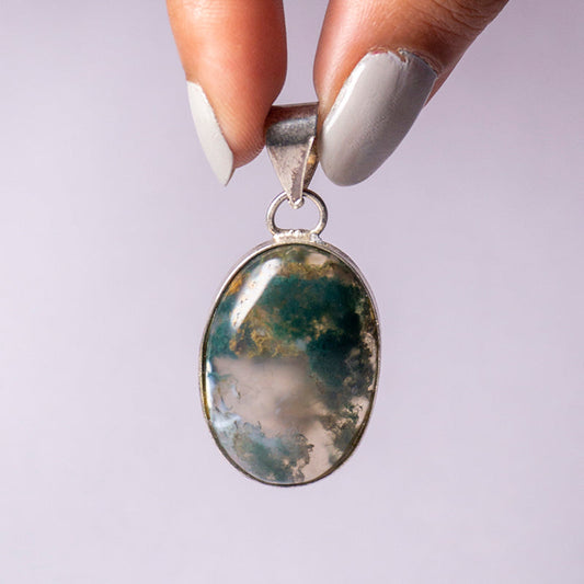 Moss Agate Crystal Oval Pendant