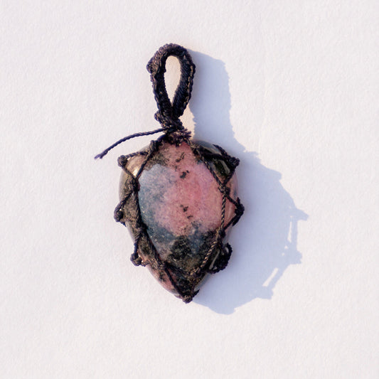 Rhodonite Crystal Crochet Pendant