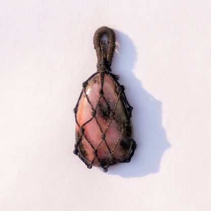 Rhodonite Crystal Crochet Pendant