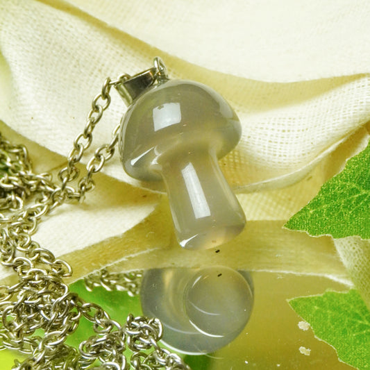 Real Grey Agate Crystal Mushroom Pendant