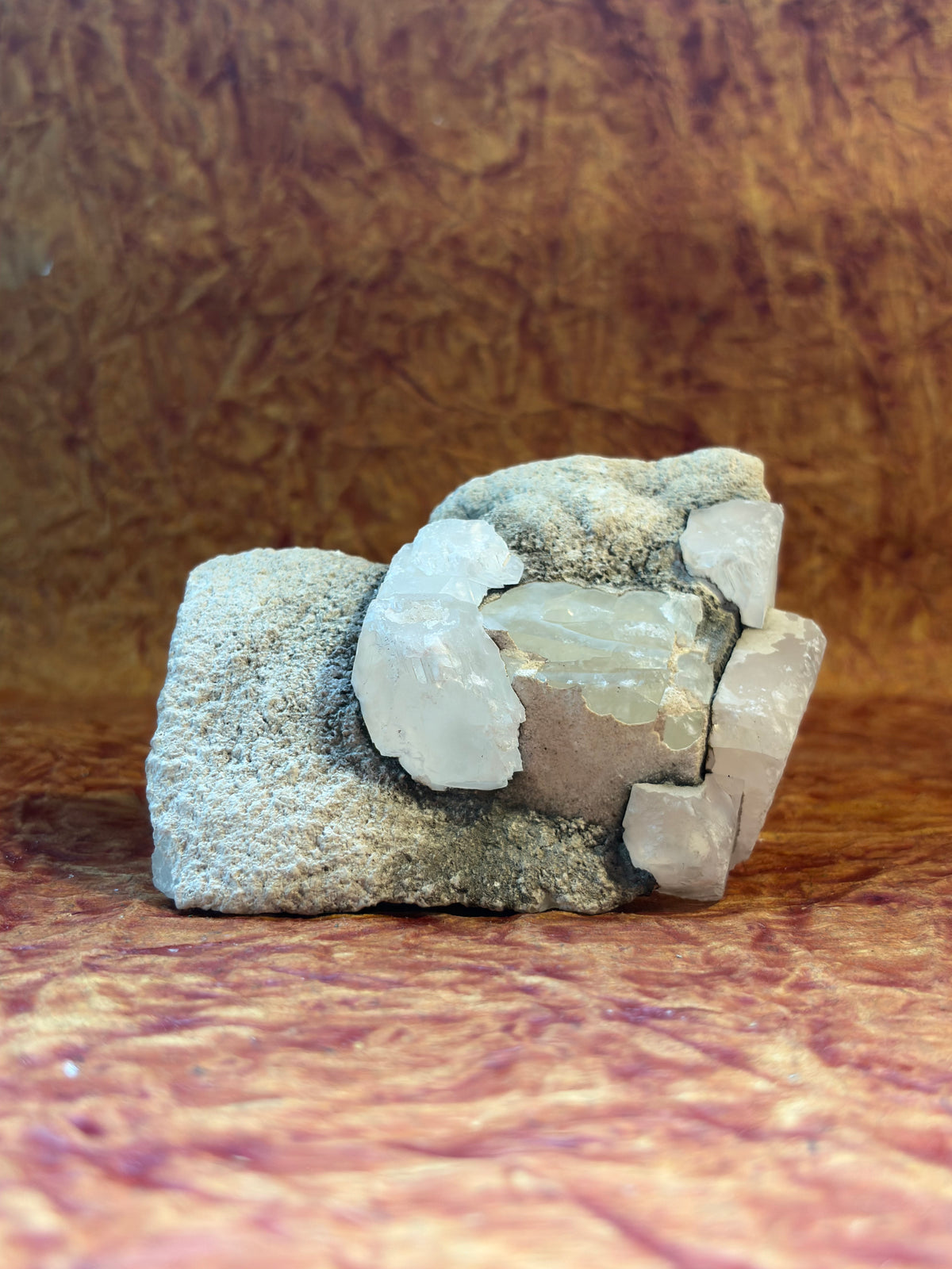Natural Green Apophyllite with Clear Calcite crystal geode