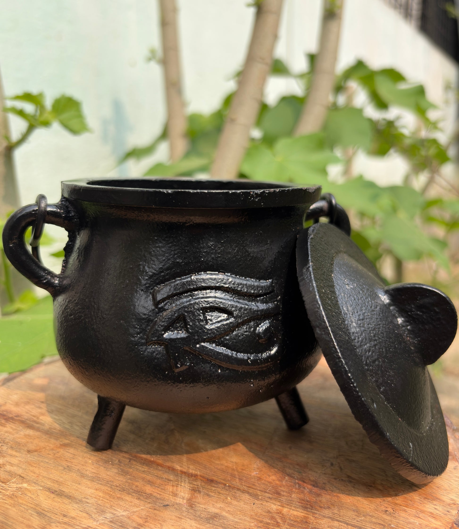 Vintage cast iron eye of horus cauldron for ritual altar and incense use