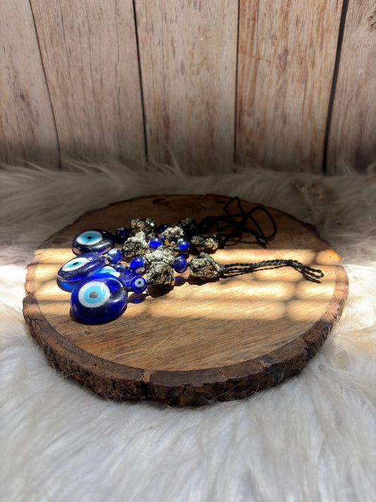 Pyrite and evil eye hanger for protection, wealth and positive energy
