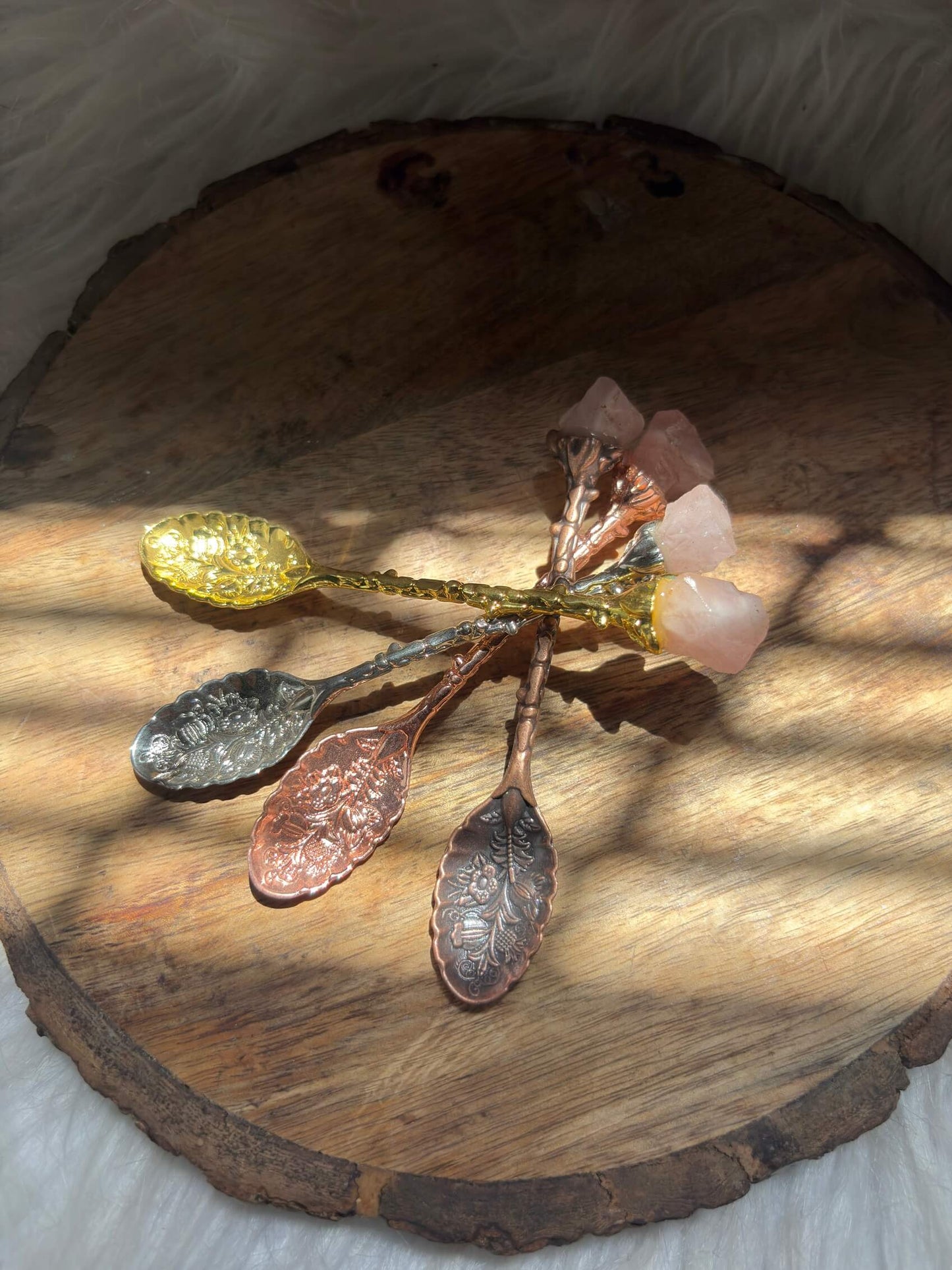 Vintage rose quartz crystal spoon for love rituals healing and spiritual use