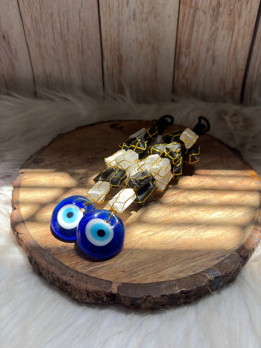 Golden selenite black tourmaline evil eye hanger for protection and energy cleansing
