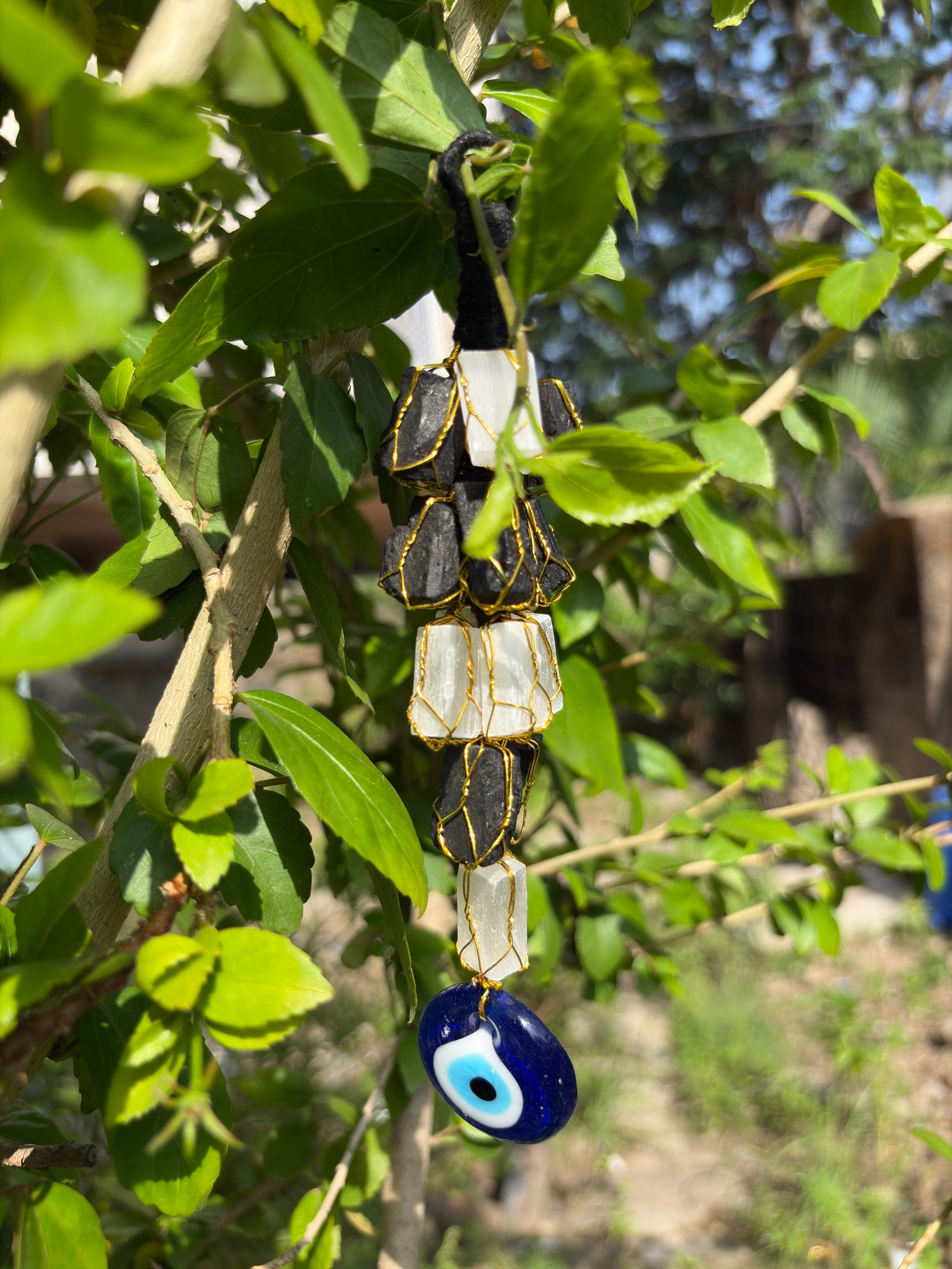 Selenite black tourmaline evil eye hanger hanging for home door protection decor