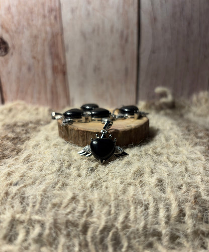 Black Obsidian Crystal Heart Of Wings Small Pendant for protection, grounding, and transformation