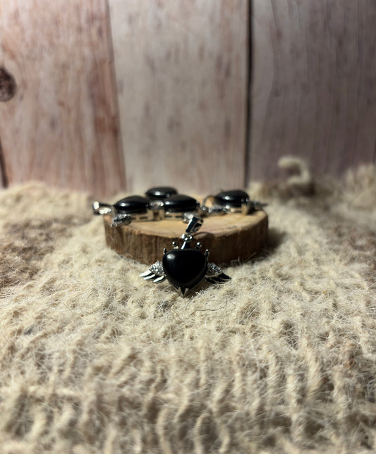 Black Obsidian Crystal Heart Of Wings Small Pendant for protection, grounding, and transformation