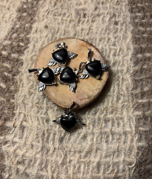 Black Obsidian crystal winged heart necklace symbolizing protection and inner strength