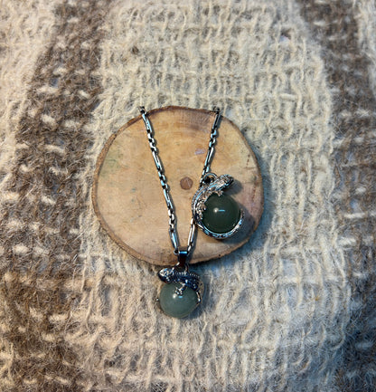 Green Aventurine crystal lizard necklace symbolizing opportunity, abundance, and transformation