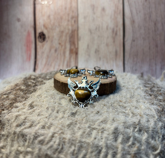 Tiger's Eye Crystal Heart Of Wings Big Pendant for confidence, abundance, courage, and success