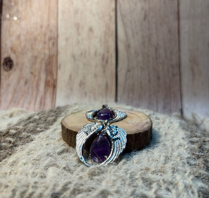Amethyst Crystal Angel Wings Pendant for spiritual protection, intuition, and inner peace
