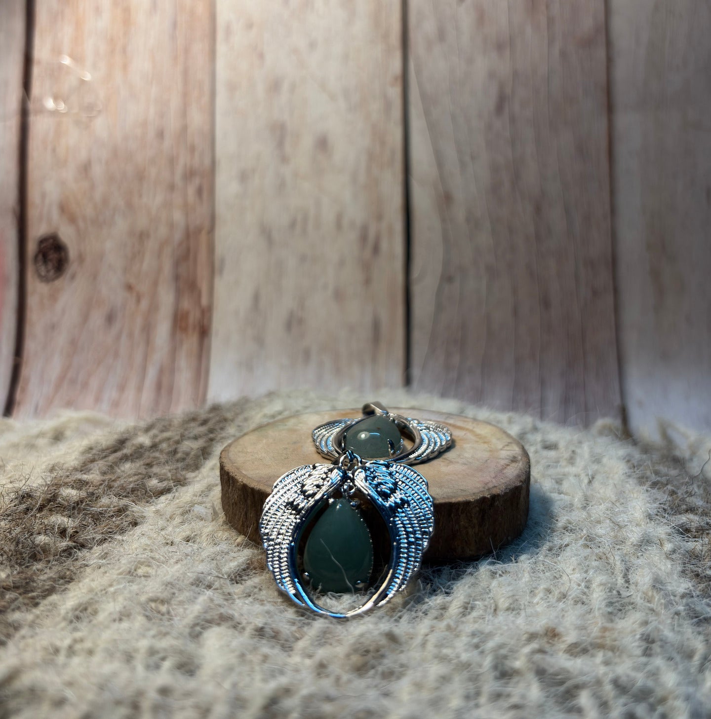Green Aventurine Crystal Angel Wings Pendant for luck, abundance, prosperity, and new beginnings