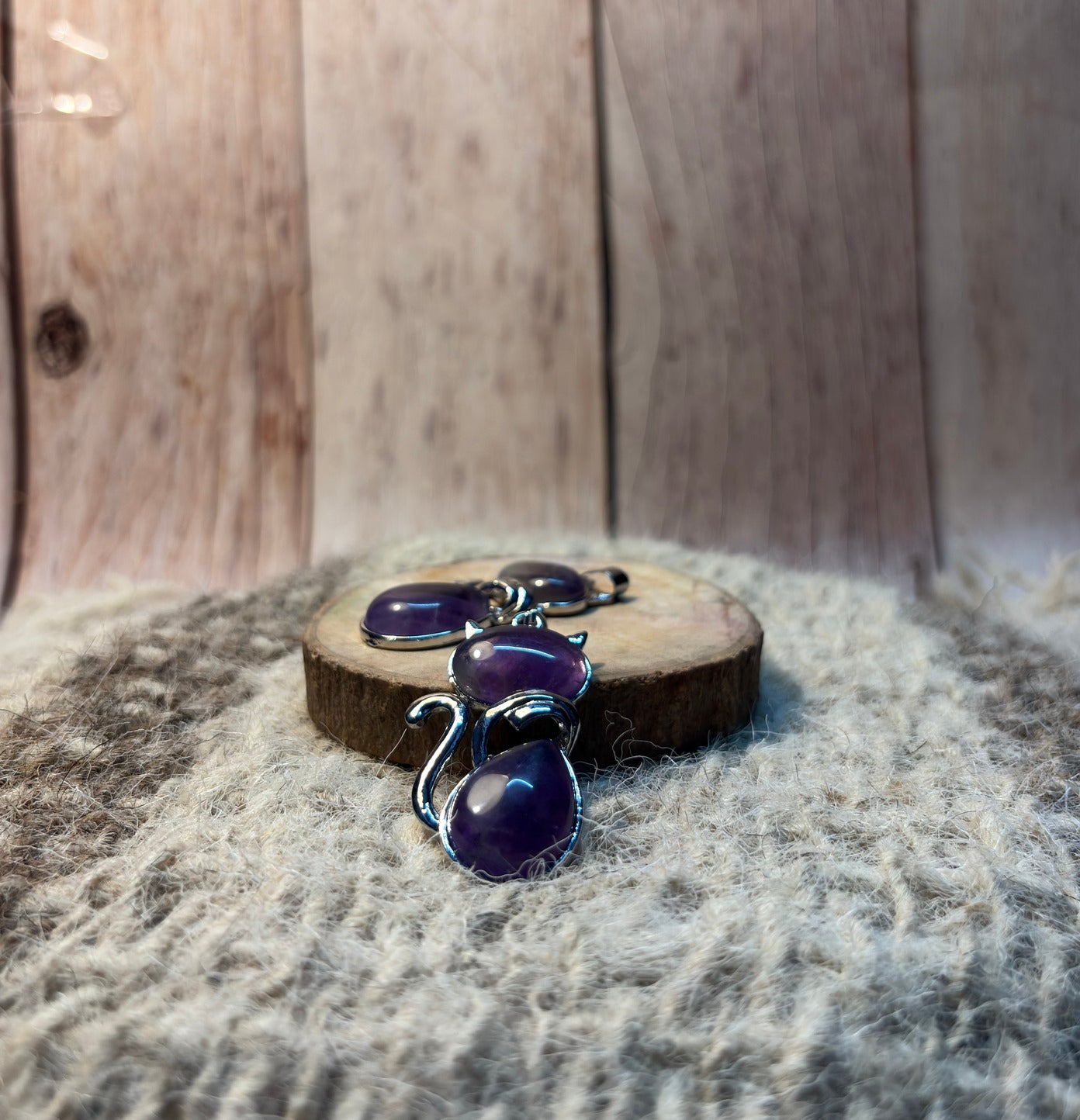 Amethyst Crystal Cat Pendant for protection, intuition, spiritual growth, and emotional healing