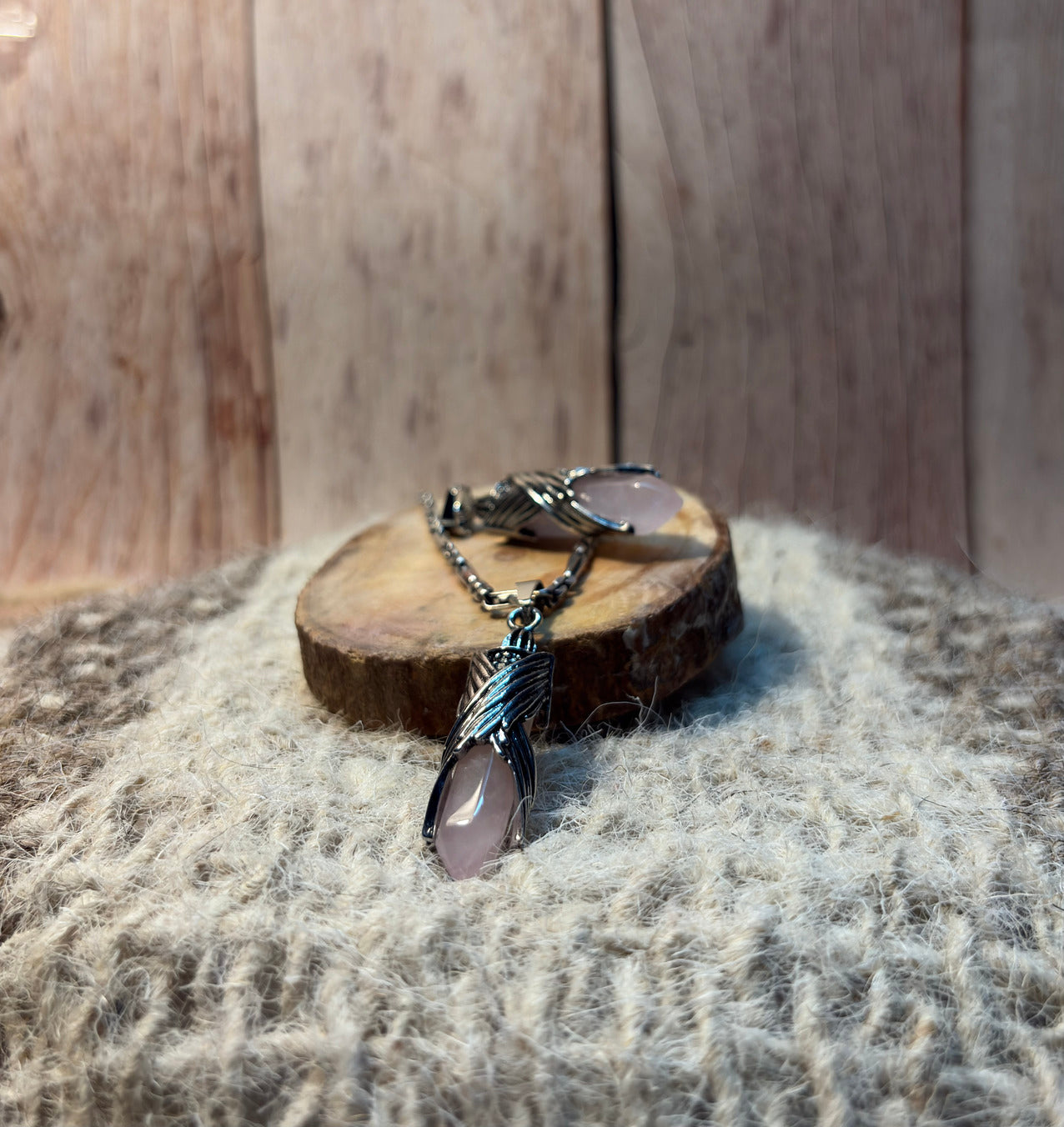 Rose Quartz Crystal Wings Point Pendant for love, emotional healing, and self-love