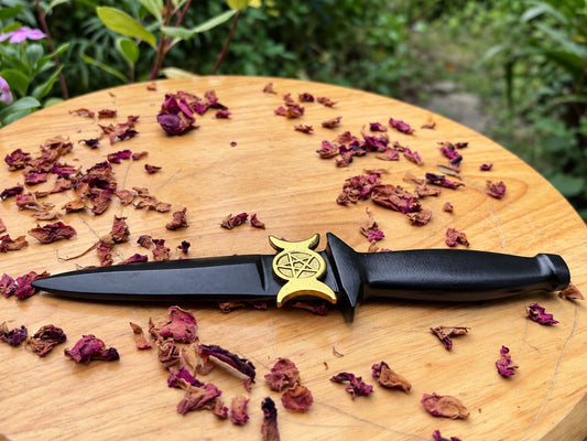 Triple Moon Black Ritual Athame with gold symbol for ceremonial altarware and lunar rituals