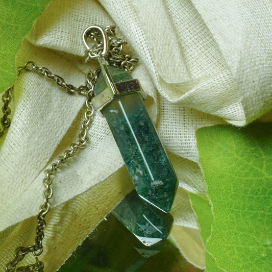 Real Moss Agate Crystal Point Pendant