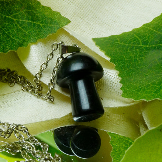 Real Black Obsidian Crystal Mushroom Pendant