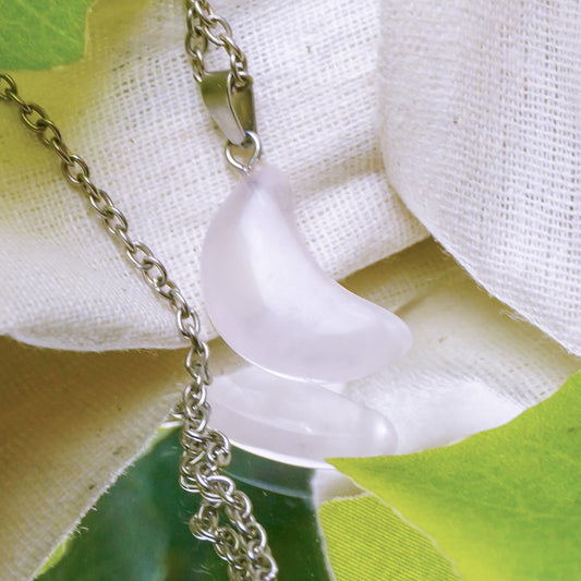 Real Rose Quartz Crystal Half Moon Pendant